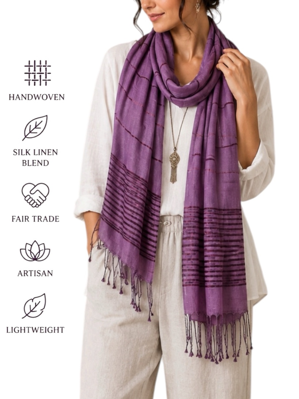 Handwoven Artisan Silk Linen Layering Scarf Wrap Shawl Purple Fringe Boho 78x25